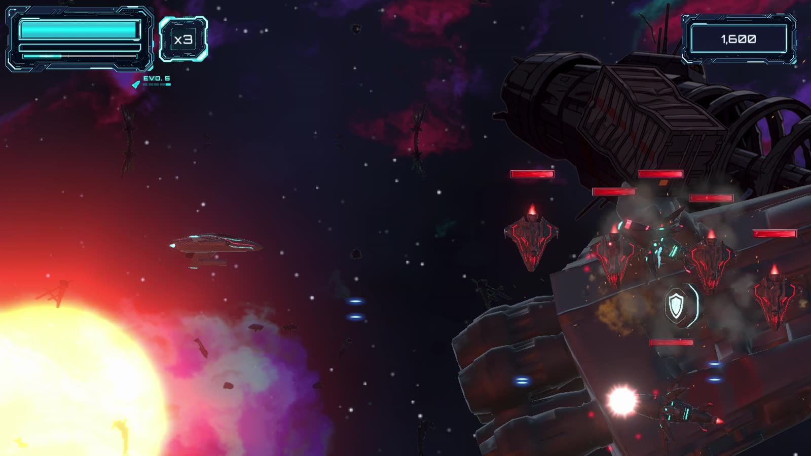 Flying between the wrecks of an ancient fleet next to a burning sun