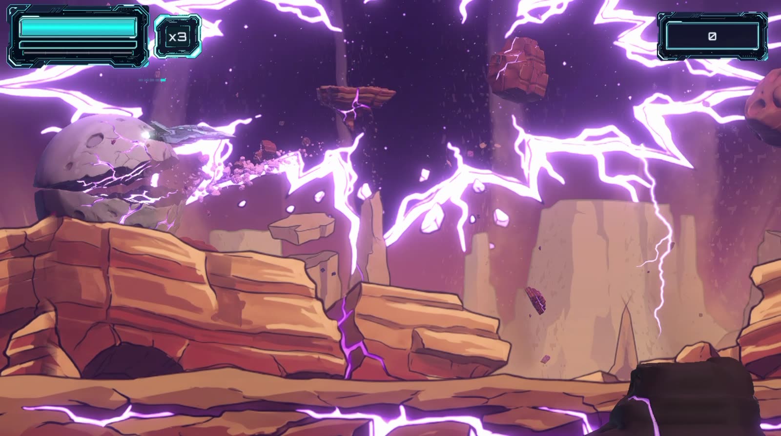 A canyon torn by violet lightning and floating rocks